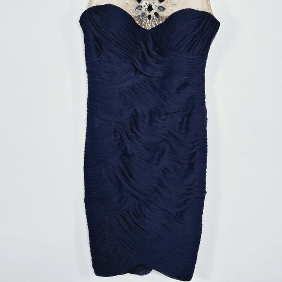 Adrianna Papell Illusion Bodice Jersey Sheath Dress Womens 6 Navy Mini Cocktail - Picture 9 of 16